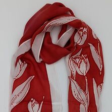 red silk scarf with tulips, inspired by Parkinson's Awareness Month