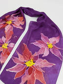silk scarf for the winter holidays, purple silk scarf painted by hand with red poinsettias